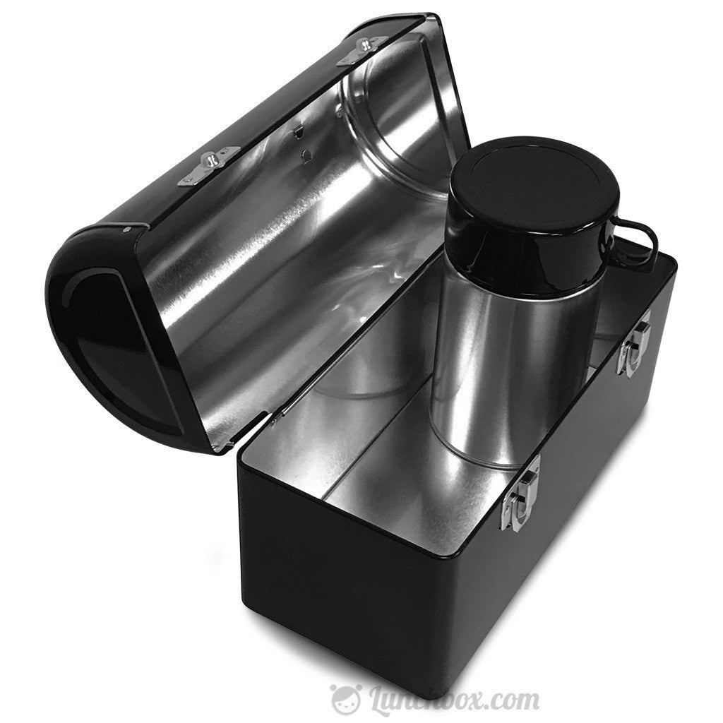 Plain Metal Dome Lunch Box and Thermos Bottle - Black Color