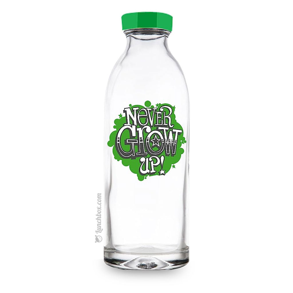 Never Grow Up Reusable Glass Water Bottle by Faucet Face 14.4 oz.