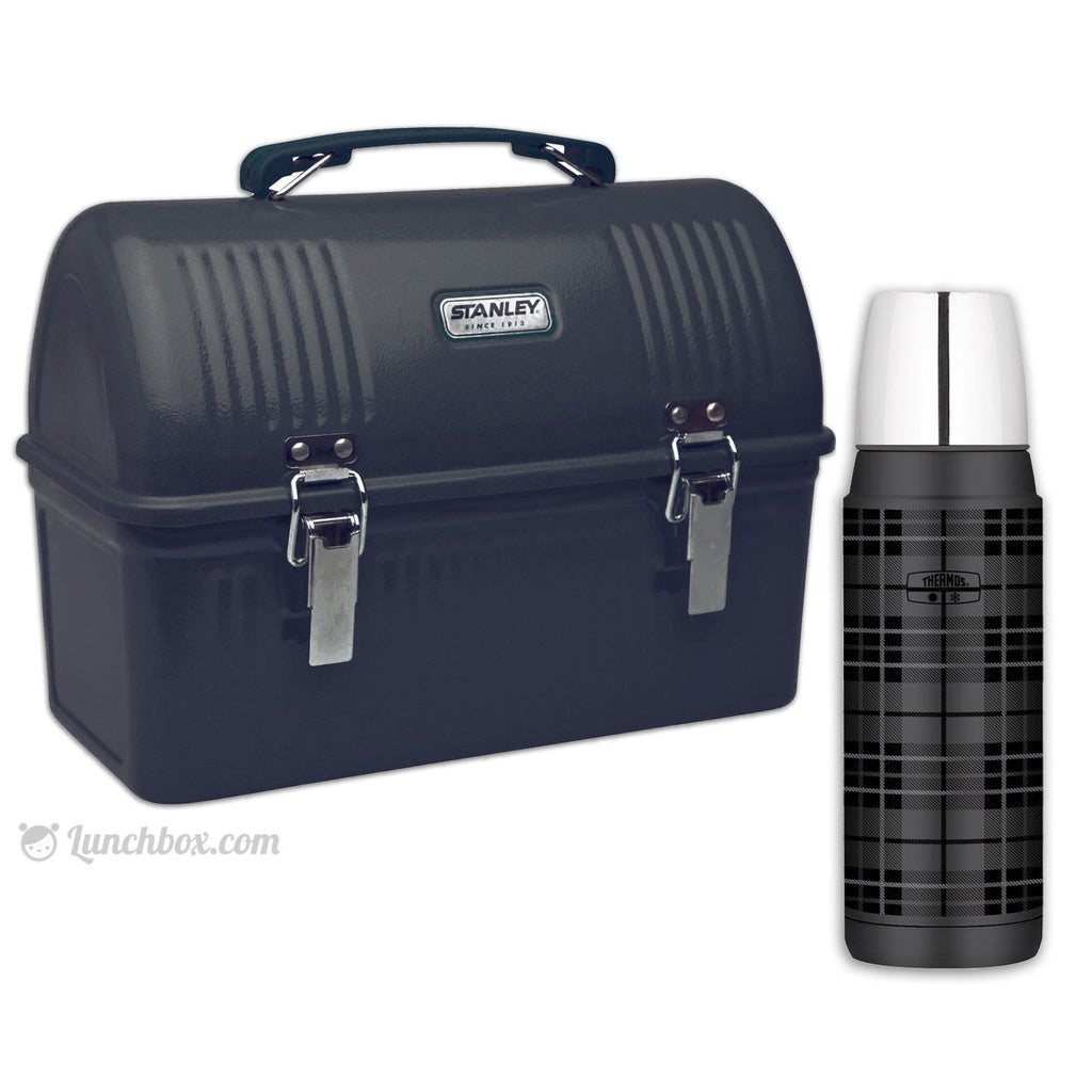 Plain Metal Dome Lunch Box and Thermos Bottle - Black Color