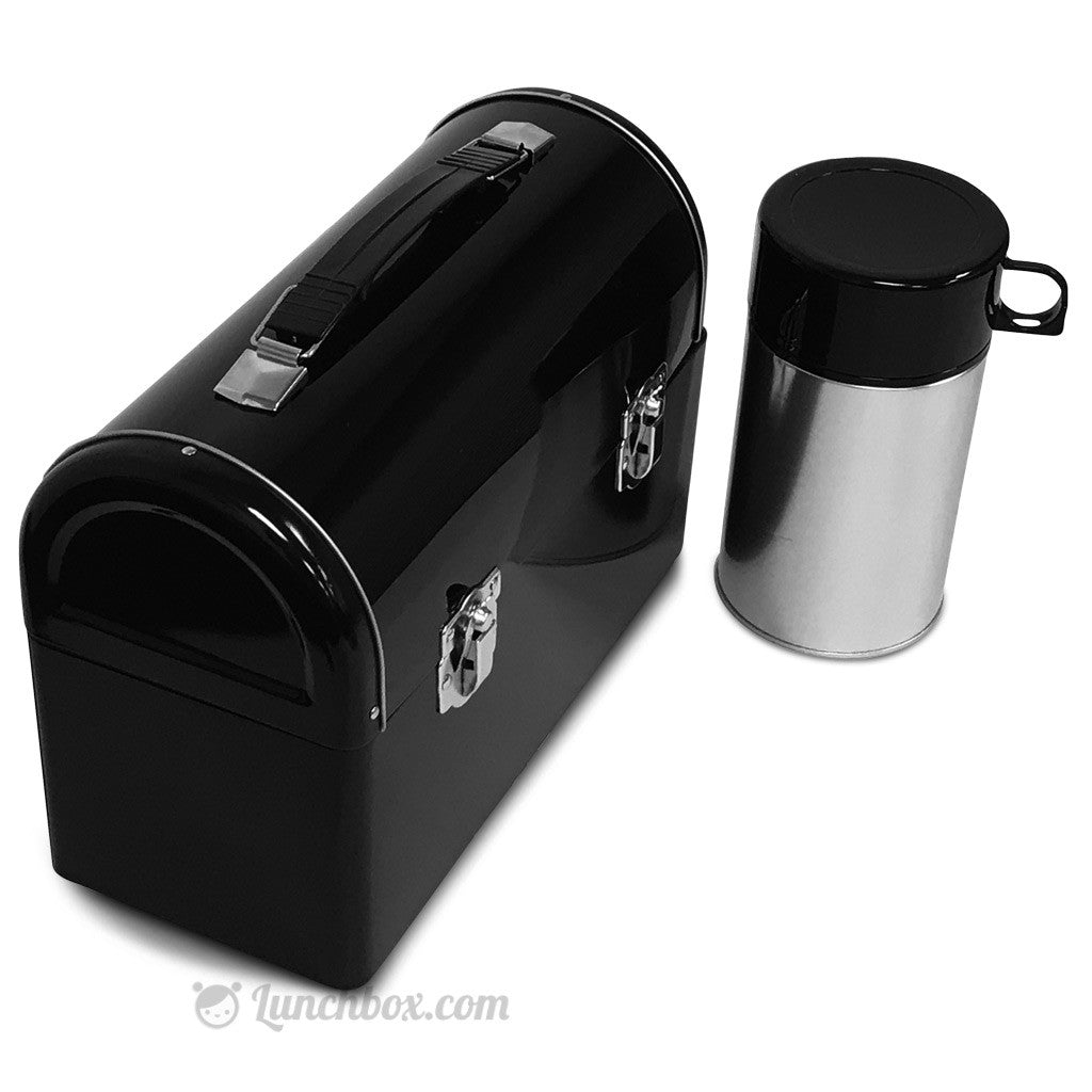 Plain Metal Dome Lunch Box and Thermos Bottle - Black Color