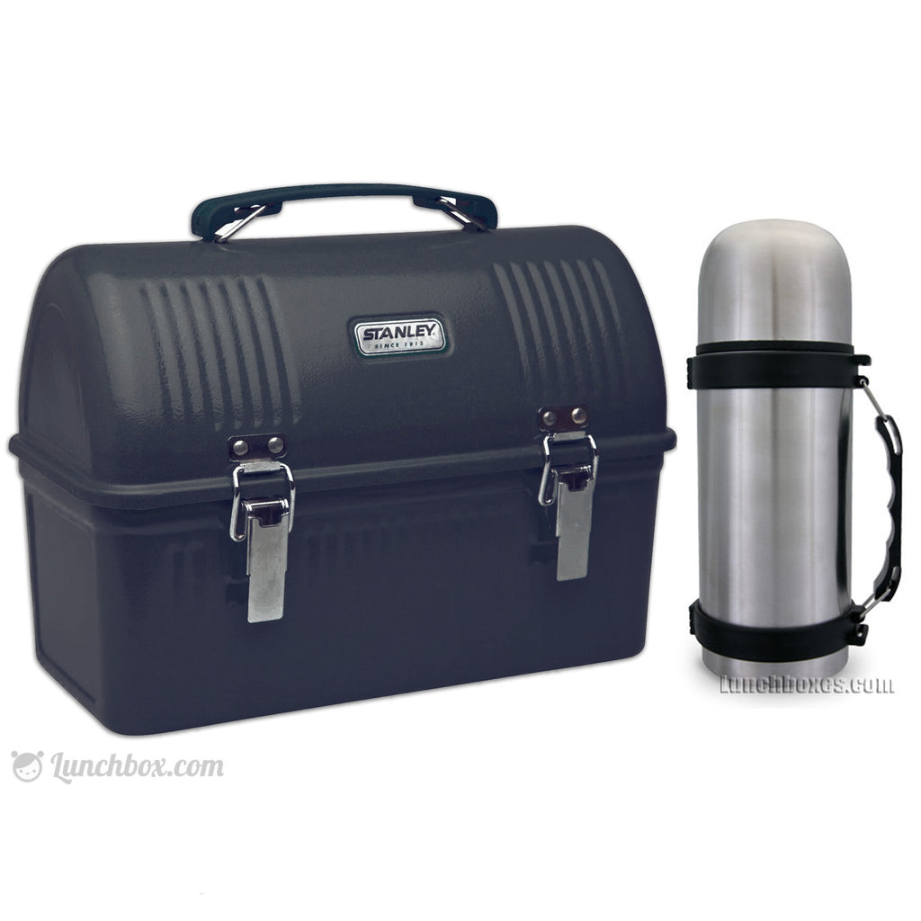 Plain Metal Dome Lunch Box and Thermos Bottle - Black Color