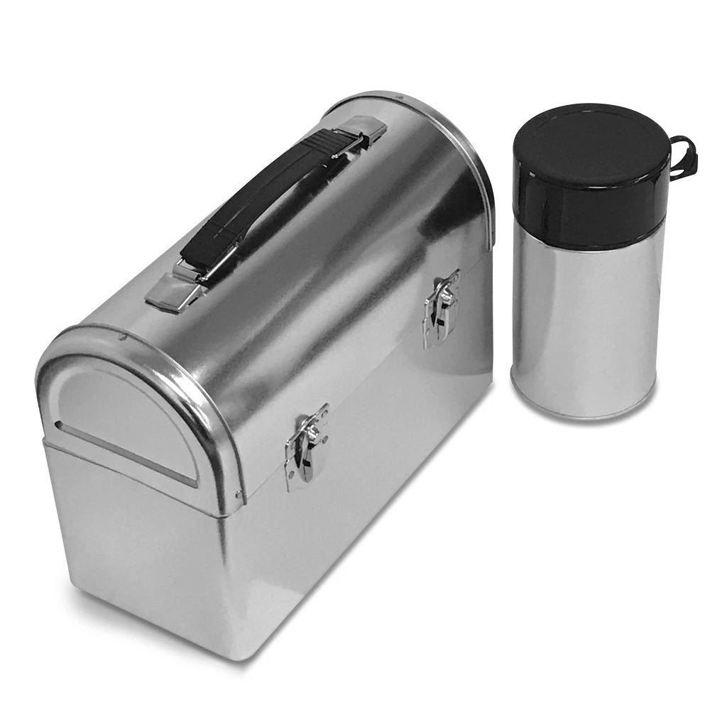 Plain Metal Dome Lunch Box and Thermos Bottle - Silver Color