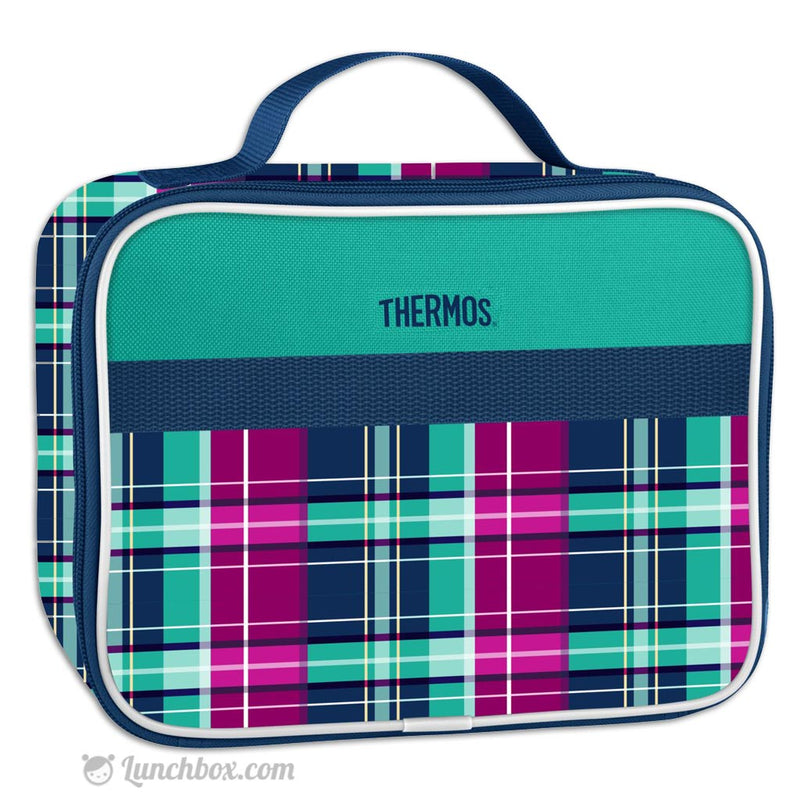 Thermos girls lunch box with handle and zipper plaid green blue pink  9x7x3.5